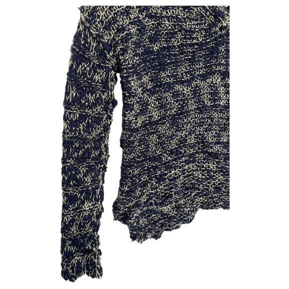 Free People Sweater Womens S High Low Open Knit V Neck Linen Cotton Blue Cream - Picture 2 of 15